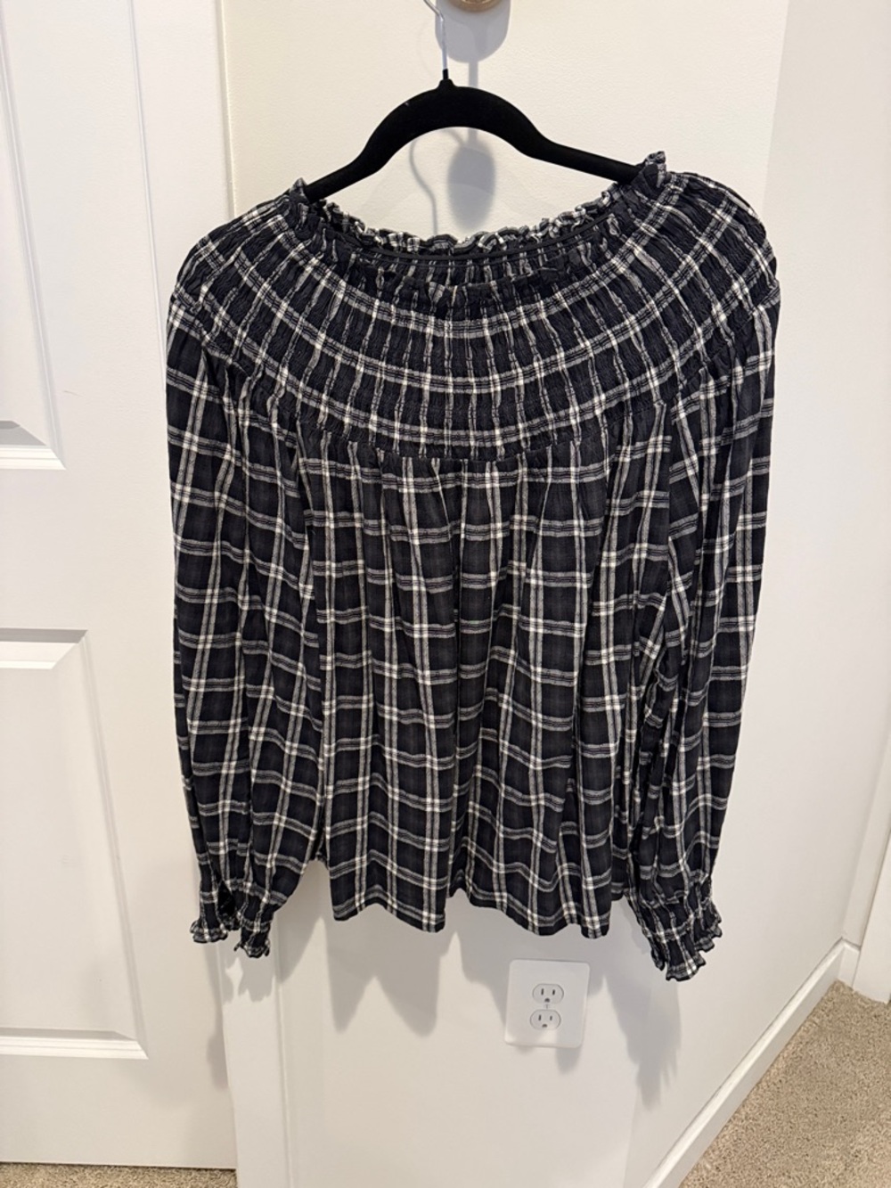 Universal Thread Black & White Plaid Smocked-Neck Blouse